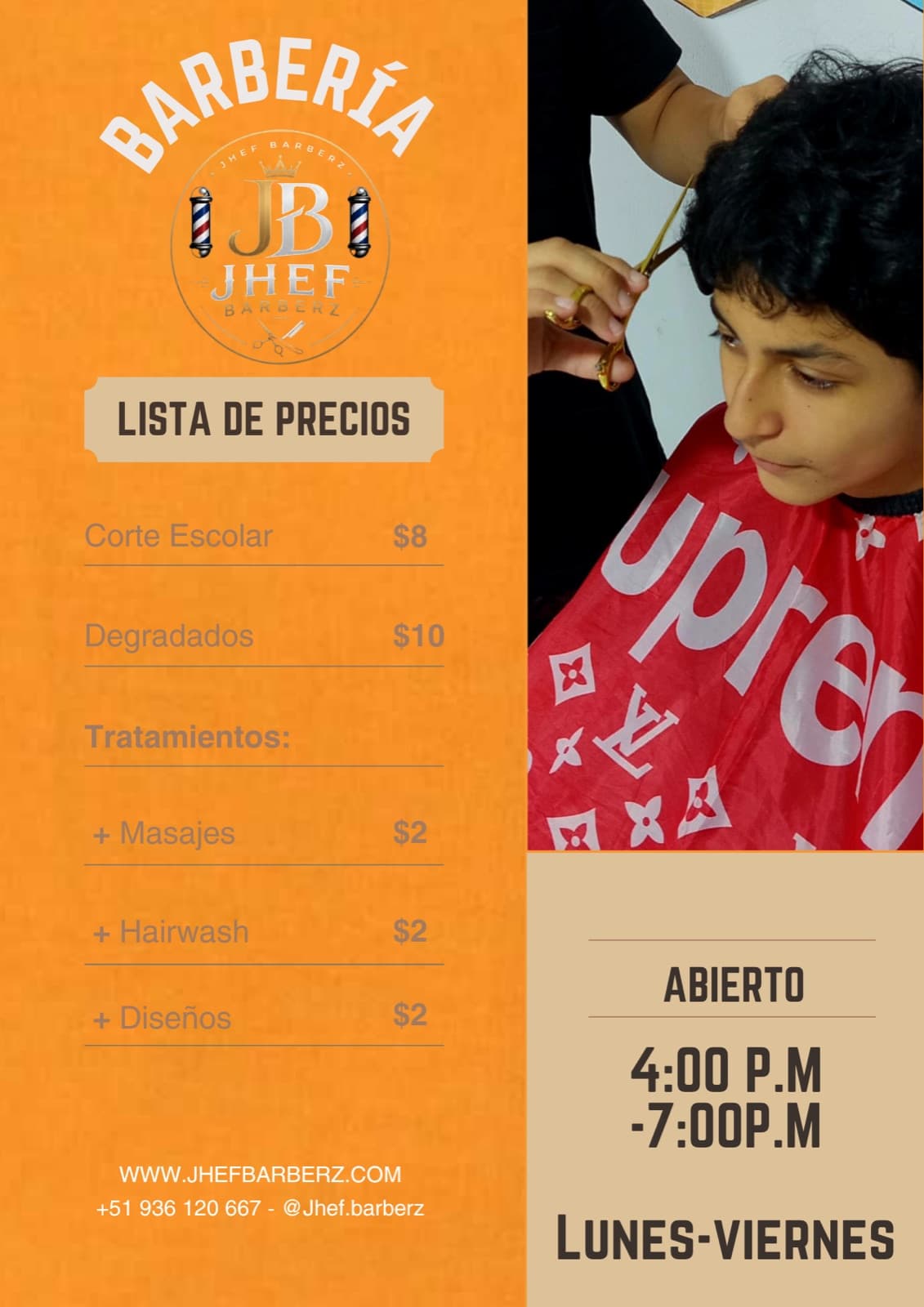 Afiche oficial de precios de JHEF BARBERZ, versión naranja