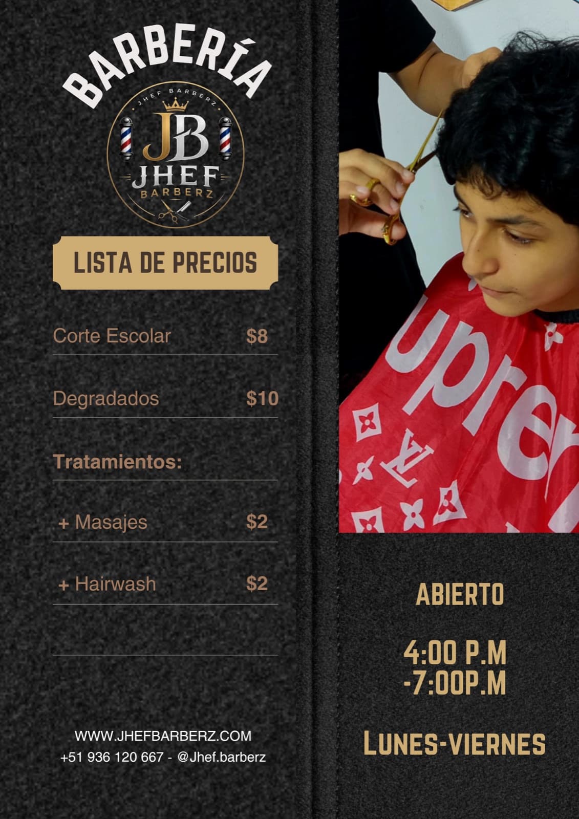 Afiche oficial de precios de JHEF BARBERZ, versión fondo negro